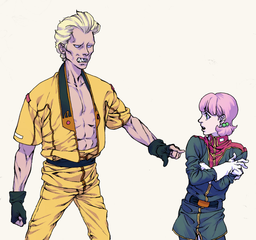 1boy 1girl abs blonde_hair gloves green_eyes gundam highres jacket military military_uniform open_clothes open_jacket pink_hair sarah_zabiarov sharp_teeth teeth utaco yazan_gable zeta_gundam
