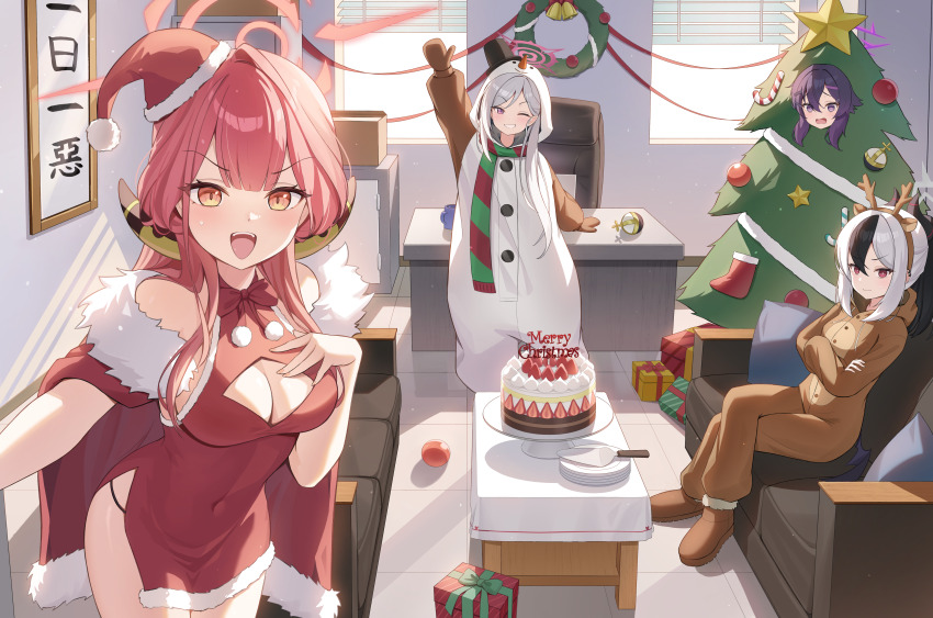 4girls absurdres animal_costume antlers arm_up aru_(blue_archive) black_hair blue_archive box breasts brown_shoes cake cape chair christmas christmas_cake christmas_tree christmas_tree_costume cleavage cleavage_cutout closed_mouth clothing_cutout commentary_request couch covered_navel crossed_arms crossed_legs deer_antlers demon_horns dress food fur-trimmed_cape fur_trim furrowed_brow gift gift_box grey_hair hair_between_eyes halko_(halonakoma9) halo haruka_(blue_archive) hat highres hood hood_down hood_up horns indoors kayoko_(blue_archive) large_breasts long_hair looking_at_viewer merry_christmas multiple_girls mutsuki_(blue_archive) office_chair one_eye_closed open_mouth plate ponytail problem_solver_68_(blue_archive) purple_eyes purple_hair red_cape red_dress red_eyes red_hat santa_hat scarf shoes sidelocks sitting sleeveless sleeveless_dress smile snowman_costume standing strawberry_shortcake swept_bangs swivel_chair table v-shaped_eyebrows