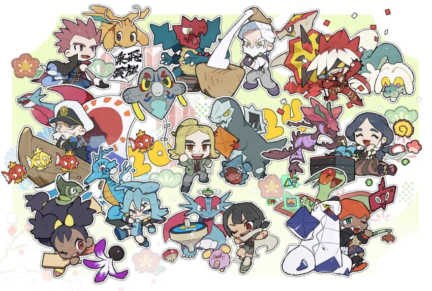 &gt;_o 2024 4girls 6+boys :d ;d @_@ ^_^ alternate_color angry antennae aqua_eyes arm_up axew baxcalibur beard belt belt_buckle bento black_belt black_cape black_coat black_eyes black_footwear black_hair black_hoodie blonde_hair blue_bodysuit blue_eyes blue_hair blue_shorts boat bodysuit boots border brown_eyes brown_shirt brown_skirt bucket buckle calligraphy calligraphy_brush cape chibi chinese_zodiac clair_(pokemon) clauncher claws clenched_teeth closed_eyes closed_mouth coat collared_cape collared_coat collared_shirt commentary_request confetti crossed_arms dark-skinned_female dark-skinned_male dark_skin dragalge dragonite drake_(pokemon) drampa drasna_(pokemon) dratini drayden_(pokemon) drayton_(pokemon) druddigon duraludon facepaint facial_hair fangs fish floating_hair flower flower_symbol flygon food frigibax gen_1_pokemon gen_2_pokemon gen_3_pokemon gen_4_pokemon gen_5_pokemon gen_6_pokemon gen_7_pokemon gen_8_pokemon gible gloves green_background green_hair green_jacket grey_cape grey_footwear grey_pants grey_shorts grey_socks hagoita hammer hand_up hane_(hanetsuki) hanetsuki hassel_(pokemon) hat highres holding holding_calligraphy_brush holding_hammer holding_kite holding_paddle holding_paintbrush hood hoodie iris_(pokemon) jacket jewelry kikumon kine kingdra kite lance_(pokemon) lapels long_hair long_sleeves low-tied_long_hair mallet microphone microphone_stand mimura_(nnnnnnnnmoo) mochi mochi_trail mochitsuki multicolored_hair multiple_boys multiple_girls mustache necklace necktie nintendo one_eye_closed open_clothes open_jacket open_mouth orange_headwear outline outside_border paddle paintbrush pants paper parted_bangs party_popper peaked_cap pink_eyes poke_ball_symbol pokemon pokemon_(creature) pokemon_bw pokemon_bw2 pokemon_gsc pokemon_oras pokemon_rgby pokemon_rse pokemon_sm pokemon_sv pokemon_swsh pokemon_xy ponytail popped_collar purple_footwear purple_gloves raihan_(pokemon) red_eyes red_flower red_hair red_jacket red_necktie red_pants rotom rotom_phone ryuki_(pokemon) salamence sharp_teeth shiny_and_normal shiny_pokemon shirt shoes short_hair shorts skirt sleeves_rolled_up smile socks spiked_hair spikes spinning_top striped_clothes striped_skirt teeth tooth_necklace turtonator two-sided_cape two-sided_fabric two-tone_hair u_u upper_teeth_only v-shaped_eyebrows vertical-striped_clothes vertical-striped_skirt wagashi water watercraft waves whismur white_border white_hair white_headwear white_outline white_shirt wings wooden_bucket yagasuri year_of_the_dragon zinnia_(pokemon)
