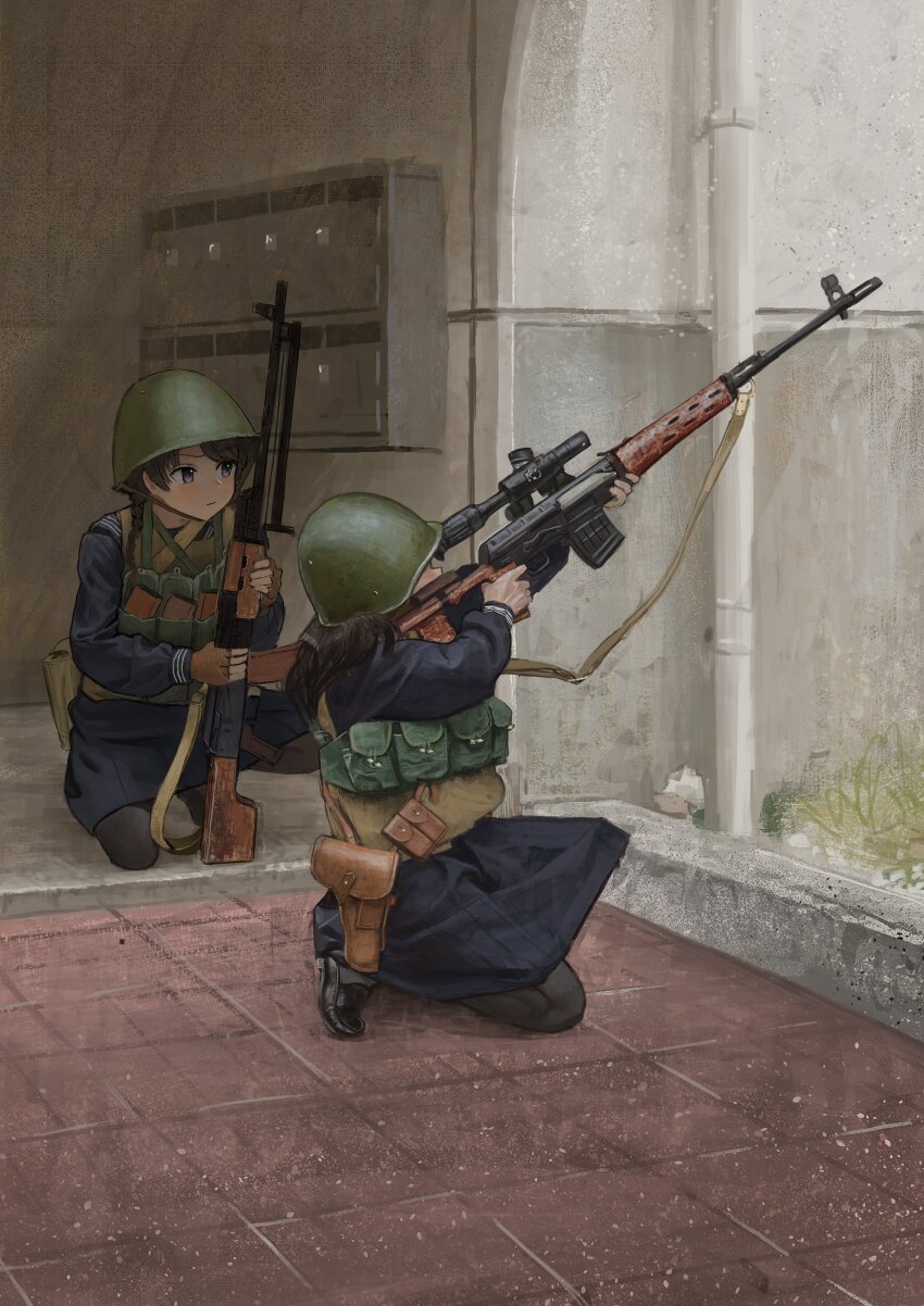 2girls absurdres aiming blue_jacket blue_serafuku blue_skirt brown_eyes brown_hair combat_helmet dragunov_svd garoppui green_hat gun hat helmet highres jacket light_machine_gun machine_gun multiple_girls original rifle rpk school_uniform serafuku skirt sniper_rifle squatting weapon