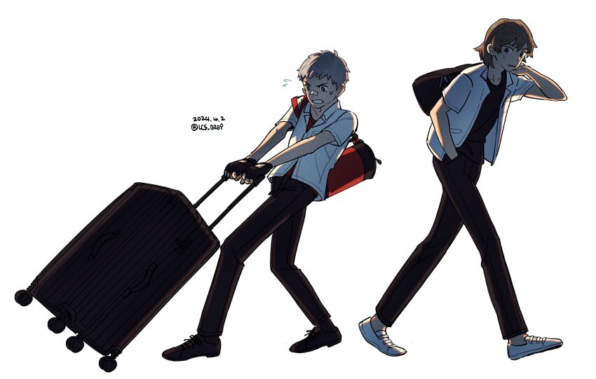 2boys aragaki_shinjirou arm_up bag bandaid bandaid_on_face bandaid_on_nose black_gloves black_pants black_shirt black_shoes breast_pocket brown_eyes brown_hair clenched_teeth commentary_request crew_neck dated duffel_bag full_body gloves grey_eyes grey_hair hair_behind_ear hand_in_pocket highres holding holding_bag korean_commentary lapels lcs_0209 looking_back male_focus multiple_boys nervous_sweating notched_lapels open_clothes open_shirt pants persona persona_3 pocket red_shirt rolling_suitcase sanada_akihiko shirt shoes short_hair short_sleeves simple_background suitcase sweat teeth twitter_username white_background white_shirt white_shoes