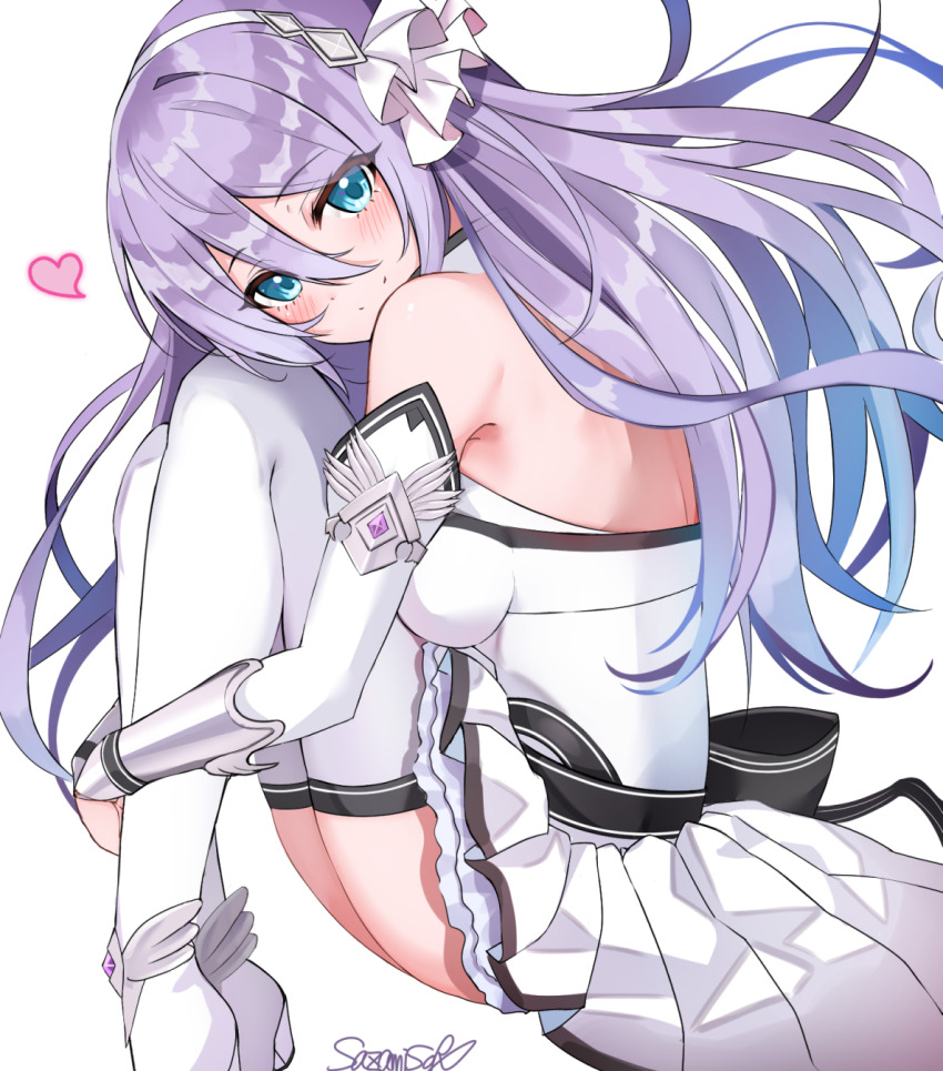 1girl boots dress hair_between_eyes hand_on_own_leg headband heart highres long_hair princess_connect! purple_hair sazamiso_rx shizuru_(princess_connect!) solo thigh_boots white_dress
