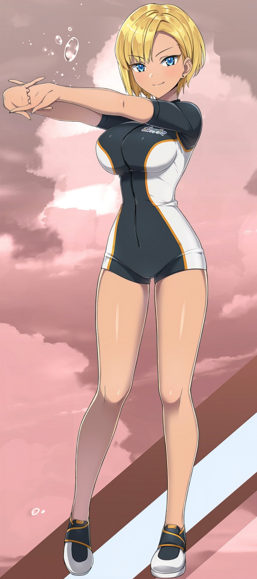 1girl absurdres blonde_hair blue_eyes bodysuit dark-skinned_female dark_skin diving_suit dolphin_wave earrings highres japanese_text jewelry murahaya_mashio official_art ootomo_takuji smile solo