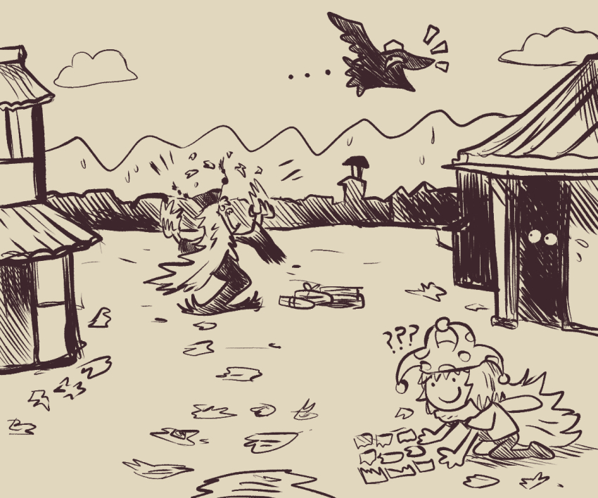 2girls ? angry building cloud clownpiece eyes_in_shadow fairy fairy_wings hat jester_cap junko_(touhou) long_hair monochrome multiple_girls newspaper outdoors panchamon shameimaru_aya shameimaru_aya_(crow) torn_paper touhou wings