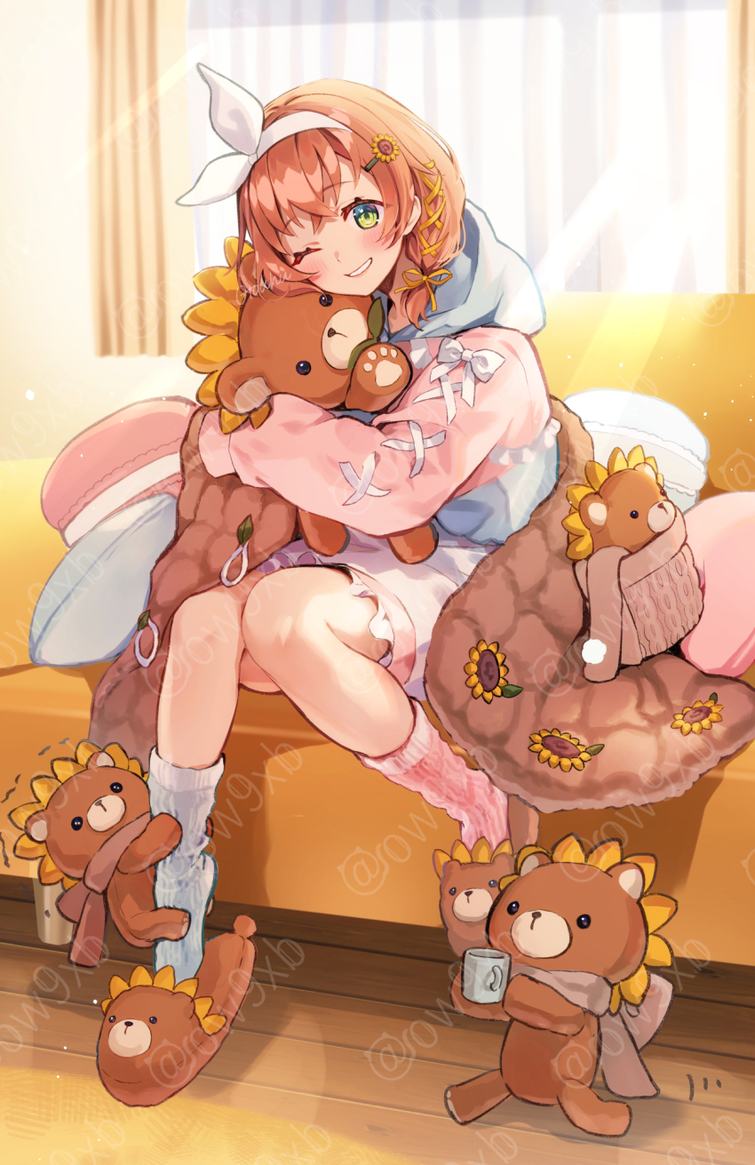 1girl animal_slippers asymmetrical_legwear blush brown_hair brown_slippers commentary_request couch cup curtains day flower green_eyes hair_flower hair_ornament hair_ribbon hairband hairclip head_tilt highres holding holding_cup honma_himawari honma_himawari_(10th_costume) hood hood_down hoodie indoors long_sleeves looking_at_viewer mismatched_legwear motion_lines mug nijisanji on_couch one_eye_closed otoufu_(gotouhu) pink_hoodie pink_socks puffy_long_sleeves puffy_sleeves ribbon running sitting sleeves_past_fingers sleeves_past_wrists slippers smile socks solo stuffed_animal stuffed_lion stuffed_toy sunflower sunflower_hair_ornament sunlight virtual_youtuber watermark white_hairband white_ribbon white_socks window wooden_floor yellow_flower yellow_ribbon