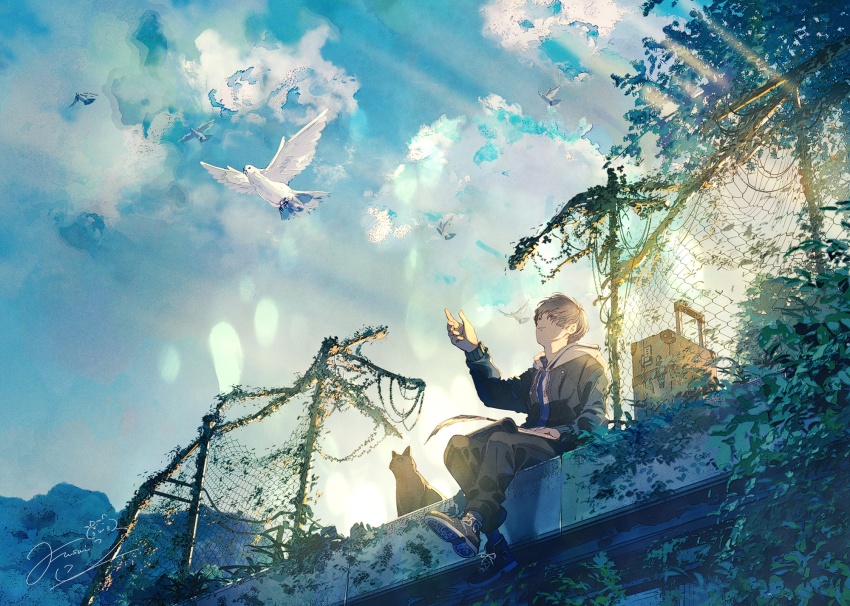 1boy bird cat cloud day dove fence fusui highres leaf luggage male_focus necktie original scenery shoes signature sitting sky solo sunlight