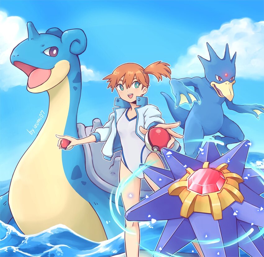 1girl :d asymmetrical_hair blue_eyes blue_sky breasts bright_pupils cloud competition_swimsuit day eyelashes gen_1_pokemon golduck green_eyes gym_leader hair_between_eyes highres holding holding_poke_ball izumi_(q!) jacket lapras long_sleeves looking_at_viewer misty_(pokemon) navel nintendo ocean one-piece_swimsuit open_clothes open_jacket open_mouth orange_hair outdoors poke_ball poke_ball_(basic) pokemon pokemon_hgss pokemon_rgby ponytail shirt short_hair side_ponytail sky smile standing starmie swimsuit swimsuit_under_clothes teeth tongue upper_teeth_only water white_one-piece_swimsuit white_pupils