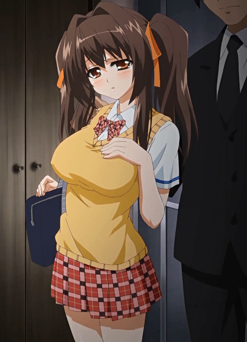 1boy 1girl anime_screenshot blush bow breasts brown_eyes brown_hair full_body hair_bow hair_bun hair_ornament hayakawa_mina hetero highres ikenai_koto_the_animation large_breasts long_hair looking_at_viewer open_mouth school_uniform serafuku skirt stitched third-party_edit twintails
