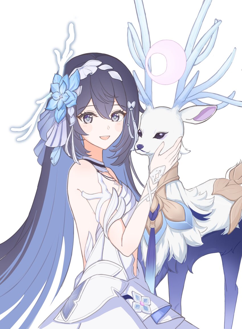 1girl absurdres bare_shoulders black_hair blue_eyes blue_flower blue_hair colored_inner_hair commentary deer dress flower hair_between_eyes hair_flower hair_ornament highres honkai_(series) honkai_impact_3rd long_hair looking_at_viewer multicolored_hair open_mouth sazisazi50 seele_vollerei seele_vollerei_(herrscher_of_rebirth) simple_background sleeveless sleeveless_dress smile solo very_long_hair white_background white_dress