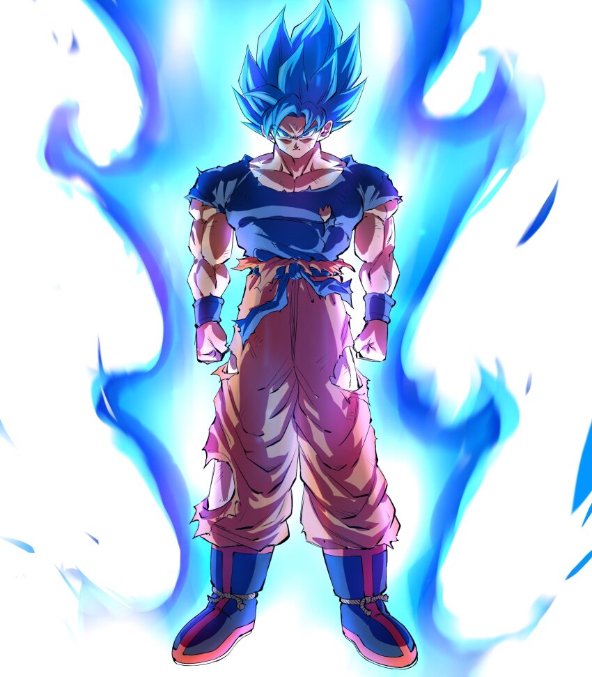 1boy absurdres aura battle_damage biceps blue_eyes blue_footwear blue_hair blue_sash blue_shirt clenched_hands dougi dragon_ball dragon_ball_super full_body highres long_hair looking_at_viewer male_focus muscular muscular_male pants pectorals rz28kp sash shirt short_sleeves simple_background son_goku spiked_hair super_saiyan super_saiyan_blue torn_clothes torn_pants torn_shirt v-shaped_eyebrows white_background wristband