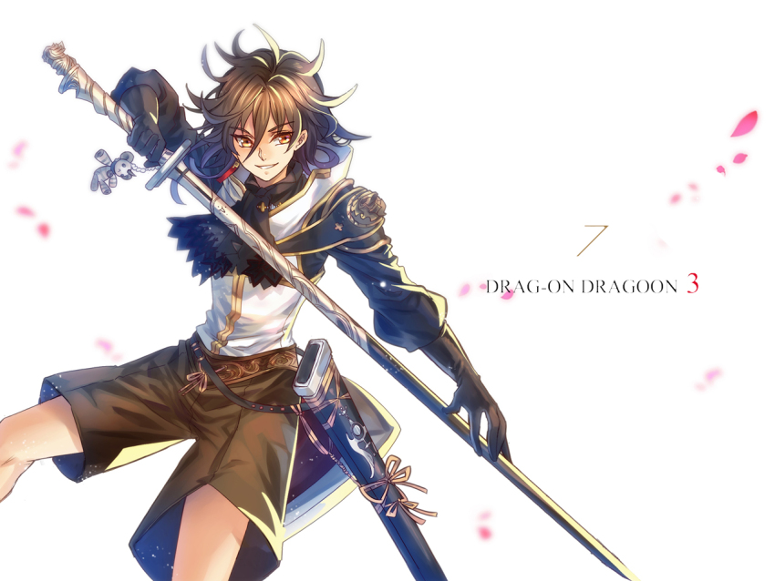 1boy armor black_gloves black_shirt black_shorts brown_hair charm_(object) commentary_request copyright_name dito_(drag-on_dragoon) drag-on_dragoon drag-on_dragoon_3 feet_out_of_frame gloves gold_trim holding holding_sword holding_weapon long_sleeves looking_at_viewer male_focus nadir_(nadirnek) orange_hair petals scabbard sheath shirt short_hair shorts shoulder_armor smile solo stuffed_animal stuffed_toy sword vest weapon weapon_charm white_background white_vest
