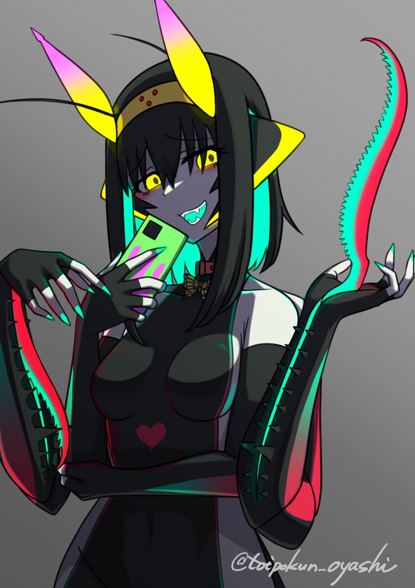 1girl absurdres antennae arthropod_girl arthropod_limbs artist_name black_hair breasts collar colored_inner_hair colored_tongue extra_arms fangs fingernails full_body glowing glowing_eyes glowing_hair glowing_horns glowing_mouth glowing_nails green_hair green_nails green_tongue grey_background hairband halterneck hands_up highres holding holding_phone horns looking_at_viewer mandibles mantis_girl medium_breasts medium_hair monster_girl multicolored_hair open_mouth original phone red_collar sharp_fingernails simple_background skin_tight sleeveless solo toipokun_oyashi twitter_username upper_body yellow_eyes yellow_hairband yellow_horns