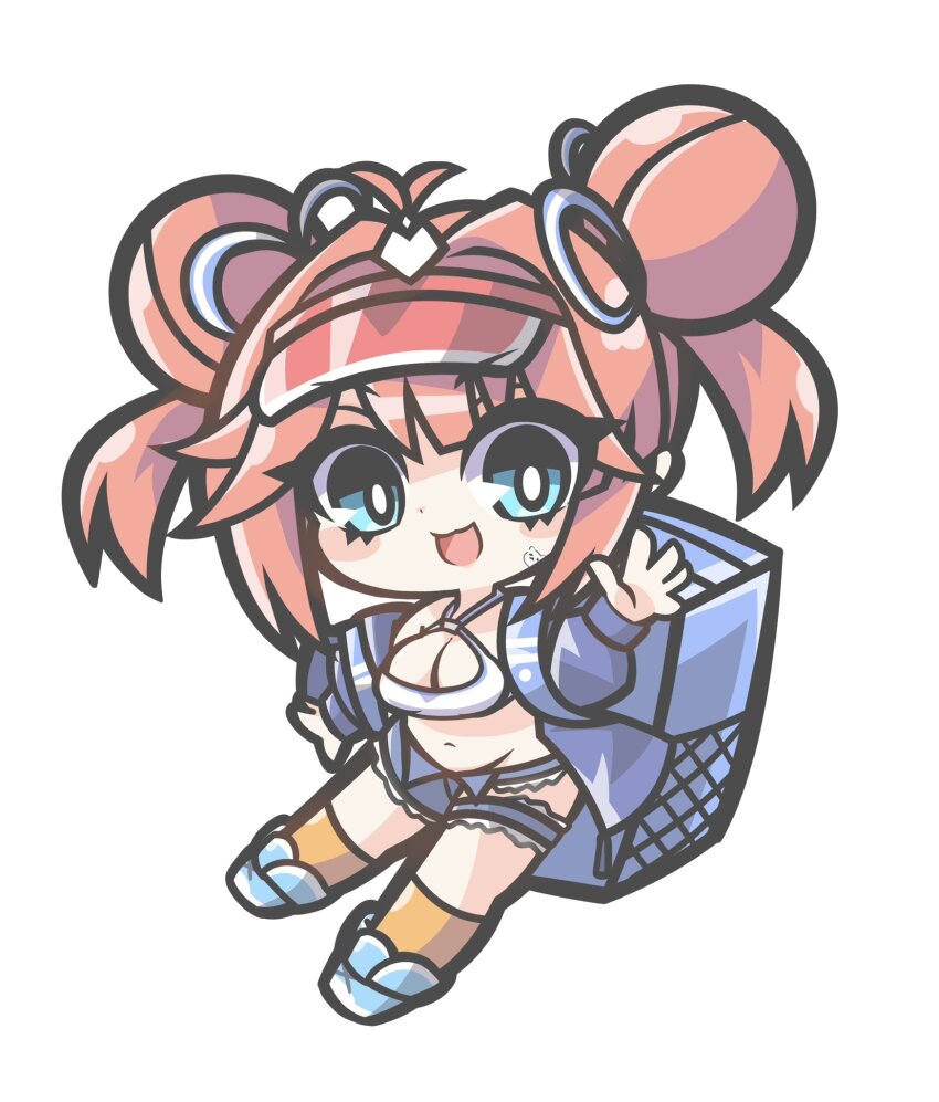 1girl azur_lane blue_eyes blue_jacket breasts chibi chibi_only cleavage criss-cross_halter denim denim_shorts double_bun gallant_(azur_lane) gallant_(express-ive_delivery)_(azur_lane) hair_bun halterneck hand_up highres insulated_delivery_bag jacket large_breasts official_alternate_costume oquri pink_hair shorts simple_background solo tank_top torn_clothes torn_shorts visor_cap waving white_background white_tank_top