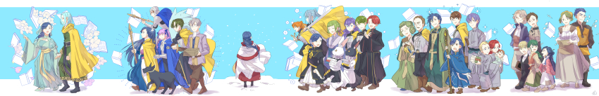 6+boys 6+girls :d :o absurdres angelica_(honzuki_no_gekokujou) armor benno_(honzuki_no_gekokujou) blonde_hair blue_background blue_cape blue_robe book braid brown_hair cape closed_eyes commentary_request cornelius_(honzuki_no_gekokujou) damuel_(honzuki_no_gekokujou) delia_(honzuki_no_gekokujou) dirk_(honzuki_no_gekokujou) dog effa_(honzuki_no_gekokujou) elvira_(honzuki_no_gekokujou) ferdinand_(honzuki_no_gekokujou) flower fran_(honzuki_no_gekokujou) gil_(honzuki_no_gekokujou) green_hair grey_robe gunther_(honzuki_no_gekokujou) hair_between_eyes hair_flower hair_ornament hair_stick hannelore_(honzuki_no_gekokujou) hartmut_(honzuki_no_gekokujou) highres holding holding_book holding_polearm holding_weapon honzuki_no_gekokujou incredibly_absurdres jewelry judithe_(honzuki_no_gekokujou) karstedt_(honzuki_no_gekokujou) lieseleta_(honzuki_no_gekokujou) long_image lutz_(honzuki_no_gekokujou) megami_sanbi multiple_boys multiple_girls myne_(honzuki_no_gekokujou) open_mouth orange_hair pointing polearm purple_hair red_hair ring robe school_uniform schwartz_(honzuki_no_gekokujou) sheath sketch slingshot_(weapon) smile standing sylvester_(honzuki_no_gekokujou) tuuli_(honzuki_no_gekokujou) unsheathing weapon weiss_(honzuki_no_gekokujou) wide_image wide_sleeves yellow_cape yellow_eyes