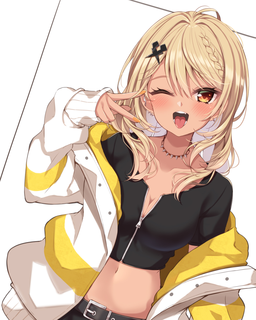 1girl ;p belt black_belt black_shirt blonde_hair blush braid breasts cleavage crop_top dark-skinned_female dark_skin ear_piercing french_braid highres jacket jewelry jiino kaminari_qpi kaminari_qpi_(2nd_costume) lightning_bolt_piercing long_hair looking_at_viewer medium_breasts midriff navel necklace one_eye_closed open_clothes open_jacket open_mouth orange_nails partially_unzipped piercing shirt short_sleeves sleeves_past_wrists solo swept_bangs tongue tongue_out tooth_necklace v v_over_eye virtual_youtuber vspo! white_jacket yellow_jacket zipper zipper_pull_tab