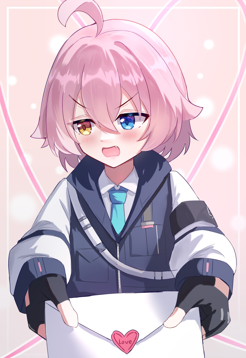 1girl absurdres ahoge black_gloves blue_archive blue_eyes blue_necktie blush bulletproof_vest chinese_commentary collared_shirt commentary embarrassed fang fingerless_gloves gloves hair_between_eyes heart heart_of_string heterochromia highres holding holding_letter hoshino_(blue_archive) hoshino_(first_year)_(blue_archive) letter long_sleeves looking_at_viewer looking_to_the_side love_letter medium_hair mixian necktie official_alternate_hair_length official_alternate_hairstyle open_mouth outstretched_arms pink_background pink_hair school_uniform shirt short_hair simple_background solo straight-on tsurime upper_body v-shaped_eyebrows valentine white_shirt yellow_eyes