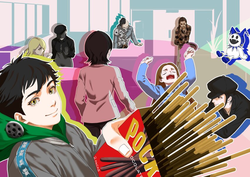 1other 3girls 5boys :d absurdres black_gloves black_hair black_hat black_shirt blonde_hair blue_footwear blue_hat brown_hair brown_jacket cabbie_hat closed_eyes closed_mouth colorful_background demi-fiend fangs food formal_clothes from_behind gloves hat highres hijiri_jyouji holding holding_food holding_pocky hood hooded_jacket hoodie jack_frost_(megami_tensei) jacket jewelry lady_in_black long_hair looking_at_viewer lucifer_(megami_tensei) macossa mohawk multiple_boys multiple_girls necklace nitta_isamu open_mouth outstretched_arms pocky pocky_day sakahagi_(megami_tensei) shin_megami_tensei shin_megami_tensei_iii:_nocturne shirt short_hair smile solid_oval_eyes tachibana_chiaki_(megami_tensei) takao_yuko veil yawning yellow_eyes