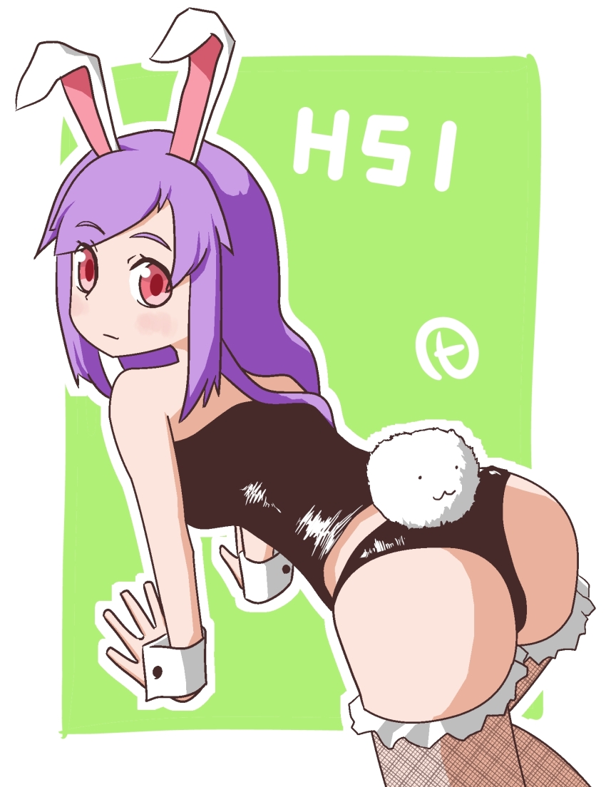 1girl all_fours alternate_costume animal_ears ass black_panties black_shirt border breasts character_name closed_mouth commentary cookie_(touhou) fake_hisui_(cookie) fishnet_thighhighs fishnets green_background highres hisui_(cookie) leather_panties leather_shirt light_smile long_hair looking_at_viewer looking_back medium_breasts outline outside_border panties purple_hair rabbit_ears rabbit_tail red_eyes reisen_udongein_inaba shirt signature solo strapless strapless_shirt tail tamahi thighhighs touhou underwear white_border white_outline wrist_cuffs