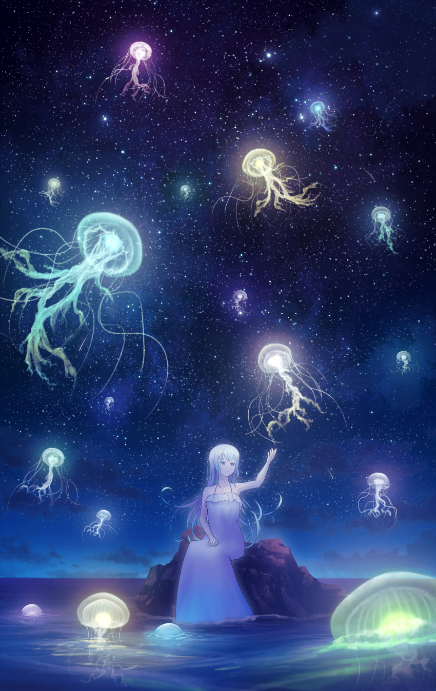 1girl absurdres arm_up au_ito bare_arms blue_eyes closed_mouth cloud collarbone crossed_bangs dress fish floating_hair flying_fish glowing_animal hand_on_lap highres horizon jellyfish long_hair night night_sky ocean original rock scenery sitting sky sleeveless sleeveless_dress smile solo split_mouth star_(sky) star_(symbol) starry_sky white_dress white_hair wide_shot wispy_bangs