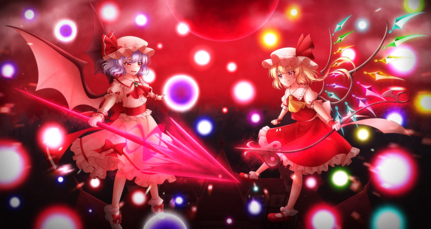 2girls absurdres ascot back_bow bat_wings blonde_hair bow brooch closed_mouth danmaku flandre_scarlet flying full_moon gradient_background green_brooch hat highres holding holding_polearm holding_weapon jewelry laevatein_(touhou) large_bow mary_janes medium_hair mob_cap moon multicolored_wings multiple_girls one_side_up open_mouth outdoors pink_hat pink_shirt pink_skirt polearm purple_hair red_ascot red_background red_bow red_eyes red_footwear red_moon red_skirt red_sky red_theme red_vest remilia_scarlet rina_sukareltuto rooftop scarlet_devil_mansion shirt shoes siblings sisters skirt skirt_set sky socks spear_the_gungnir touhou vest weapon white_bow white_hat white_shirt white_socks wings yellow_ascot