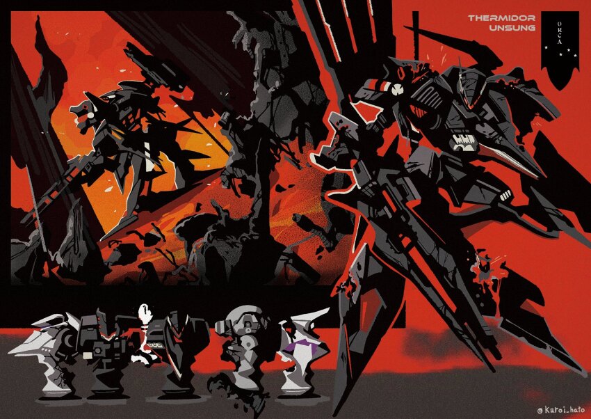 armored_core armored_core:_for_answer asterism_(armored_core) battle_damage character_name full_body gachirin_(armored_core) gun holding holding_gun holding_weapon humanoid_robot kuroihato mecha mecha_focus no_humans opening_(armored_core) red_eyes robot science_fiction shoulder_cannon split_moon_(armored_core) standing twitter_username unsung weapon
