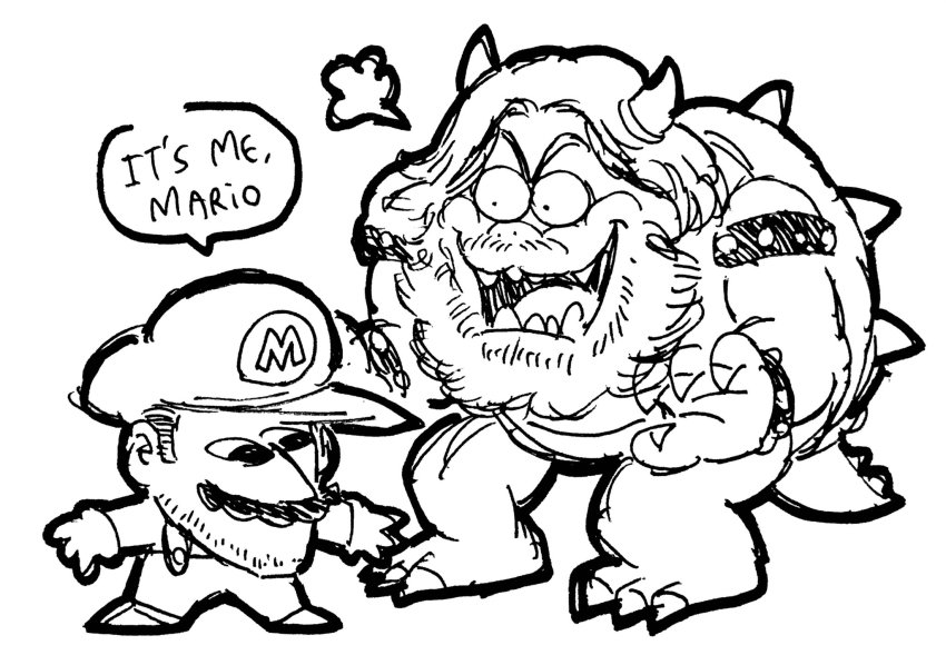2boys beard bowser bowser_(cosplay) catchphrase chris_pratt cosplay english_text facial_hair greyscale hat highres jack_black josh-s26 long_hair mario mario_(cosplay) mario_(series) monochrome multiple_boys mustache nintendo open_hands open_mouth overalls real_life sharp_teeth shell simple_background sketch smile speech_bubble spikes stubble teeth the_super_mario_bros._movie white_background