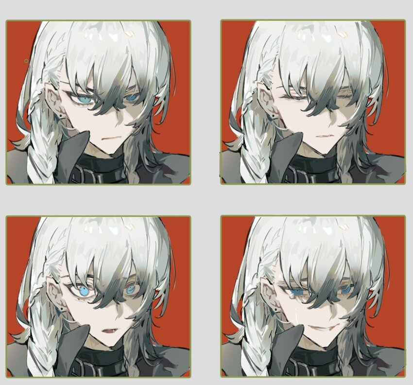 1girl blue_eyes border braid closed_eyes closed_mouth collar grey_hair hair_between_eyes long_hair looking_at_viewer male_focus multicolored_hair multiple_expressions multiple_views original portrait qyzhiaiyisheng red_eyes simple_background smile twin_braids white_hair