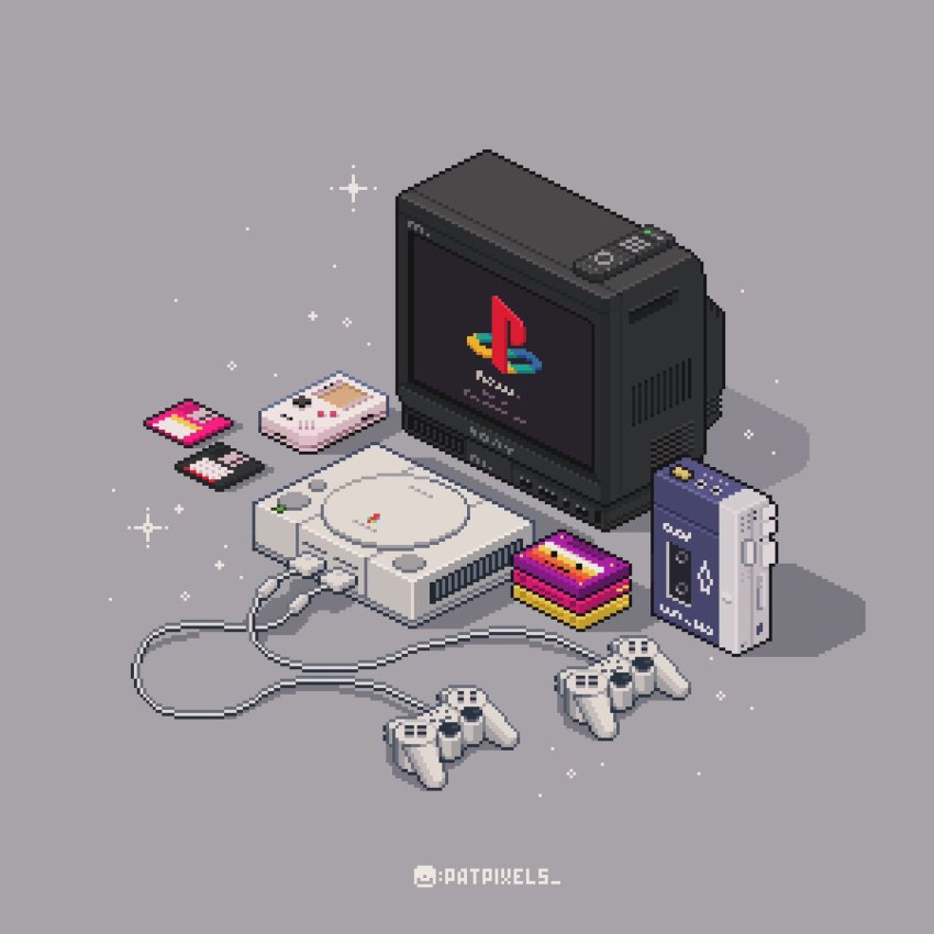 artist_name cassette_player cassette_tape commentary controller crt english_commentary floppy_disk game_boy game_console game_controller grey_background handheld_game_console highres instagram_logo instagram_username isometric light_particles nintendo no_humans patpixels pixel_art playstation_1 playstation_logo remote_control shadow simple_background sony sparkle television walkman