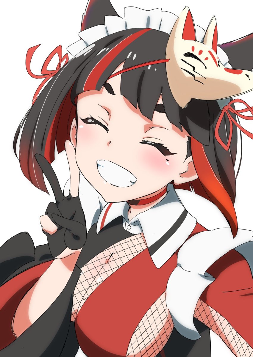1girl ^_^ animal_ear_fluff animal_ears animare black_hair blunt_bangs breasts cleavage closed_eyes collar commentary facing_viewer female_focus fishnets fox_ears gloves grin highres inari_kuromu mitsuda_hajime mole mole_under_eye multicolored_hair nanashi_inc. partially_fingerless_gloves red_hair short_hair smile solo streaked_hair virtual_youtuber