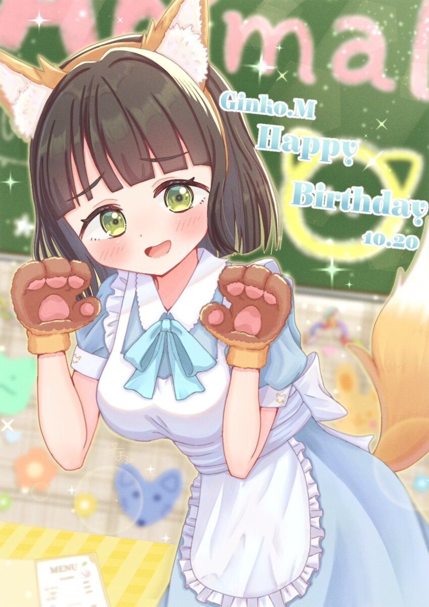 1girl animal_ear_fluff animal_ear_hairband animal_ears animal_hands apron black_hair blue_dress blue_ribbon blunt_bangs blunt_ends breasts brown_hairband chalkboard commentary_request cowboy_shot dress fake_animal_ears fake_tail fox_ears fox_tail frilled_apron frills gloves green_eyes hairband highres in-universe_location indoors link!_like!_love_live! love_live! maid_apron medium_breasts menu miimaru momose_ginko momose_ginko_(animal_cafe) neck_ribbon official_alternate_costume paw_gloves puffy_short_sleeves puffy_sleeves ribbon short_hair short_sleeves solo tail virtual_youtuber white_apron