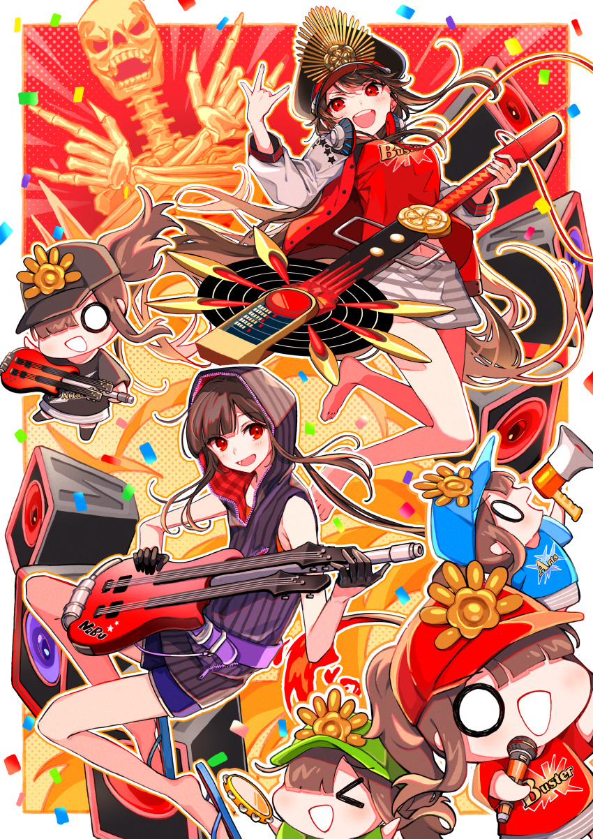1boy 1girl absurdres black_hair breasts brother_and_sister buster_shirt crest family_crest fate/grand_order fate_(series) fiery_hair guitar hair_through_headwear hat headphones headphones_around_neck highres instrument jacket letterman_jacket long_hair military_hat navel oda_nobukatsu_(fate) oda_nobunaga_(fate) oda_nobunaga_(swimsuit_berserker)_(fate) oda_nobunaga_(swimsuit_berserker)_(first_ascension)_(fate) oda_uri open_clothes open_jacket open_mouth peaked_cap red_eyes red_shirt shirt siblings skirt smile striped_clothes striped_skirt yui_(tamagohan)