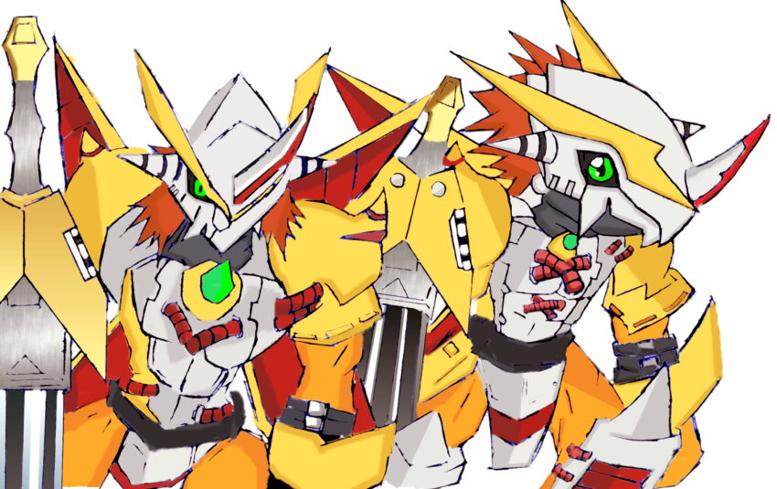 2boys armor digimon digimon_(creature) green_eyes highres horns multiple_boys muscular muscular_male victorygreymon wargreymon