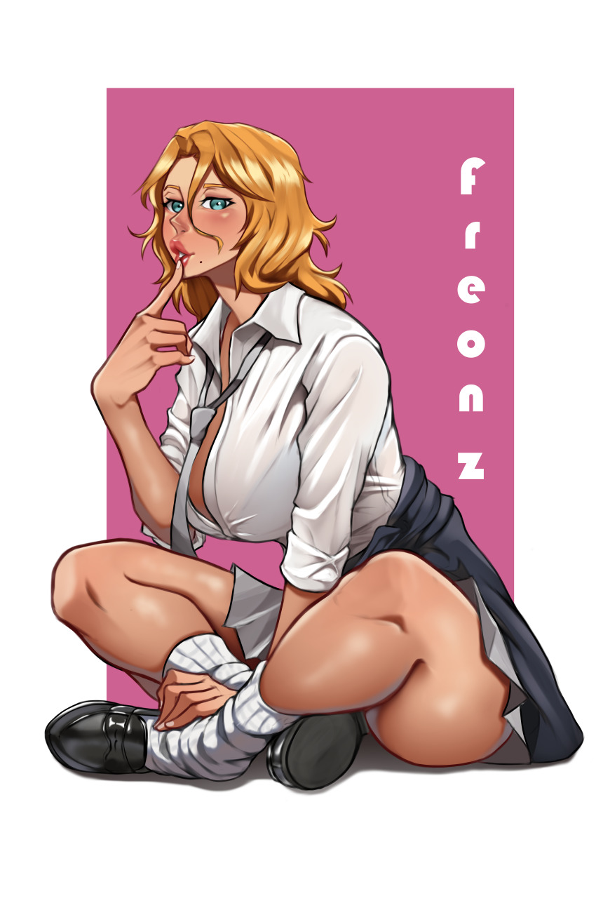 1girl artist_name bleach bleach:_sennen_kessen-hen blouse blush border breasts crossed_legs female_focus freon_z gyaru highres knee_socks large_breasts lips matsumoto_rangiku medium_hair mole mole_under_mouth necktie parted_lips shirt simple_background sitting skirt white_border