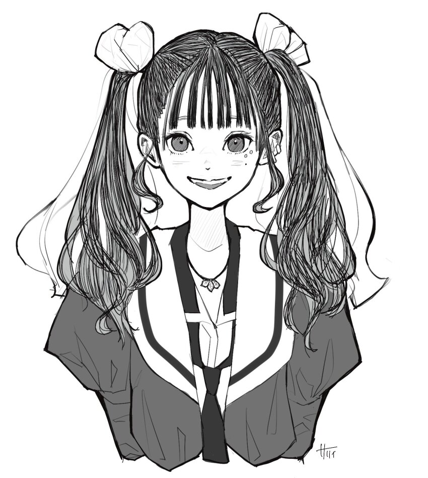 1girl arms_at_sides artist_name assault_lily awatsu_mai collared_shirt cosplay cropped_torso ear_piercing greyscale hair_ribbon highres jacket jewelry juliet_sleeves kawamura_yuzuriha kawamura_yuzuriha_(cosplay) light_blush long_hair long_sleeves looking_at_viewer loose_necktie mole mole_under_eye monochrome necklace necktie odaiba_girls_high_school_uniform open_clothes open_jacket parted_lips pendant piercing puffy_sleeves real_life ribbon sally_(allogkk) school_uniform shirt simple_background solo teeth twintails upper_body upper_teeth_only voice_actor voice_actor_connection white_background