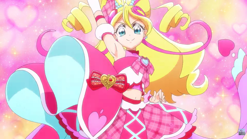 arm_up armpits blonde_hair bow cure_idol dress highres idol kimi_to_idol_precure magical_girl midriff navel pink_bow pink_dress precure sakura_uta_(precure)