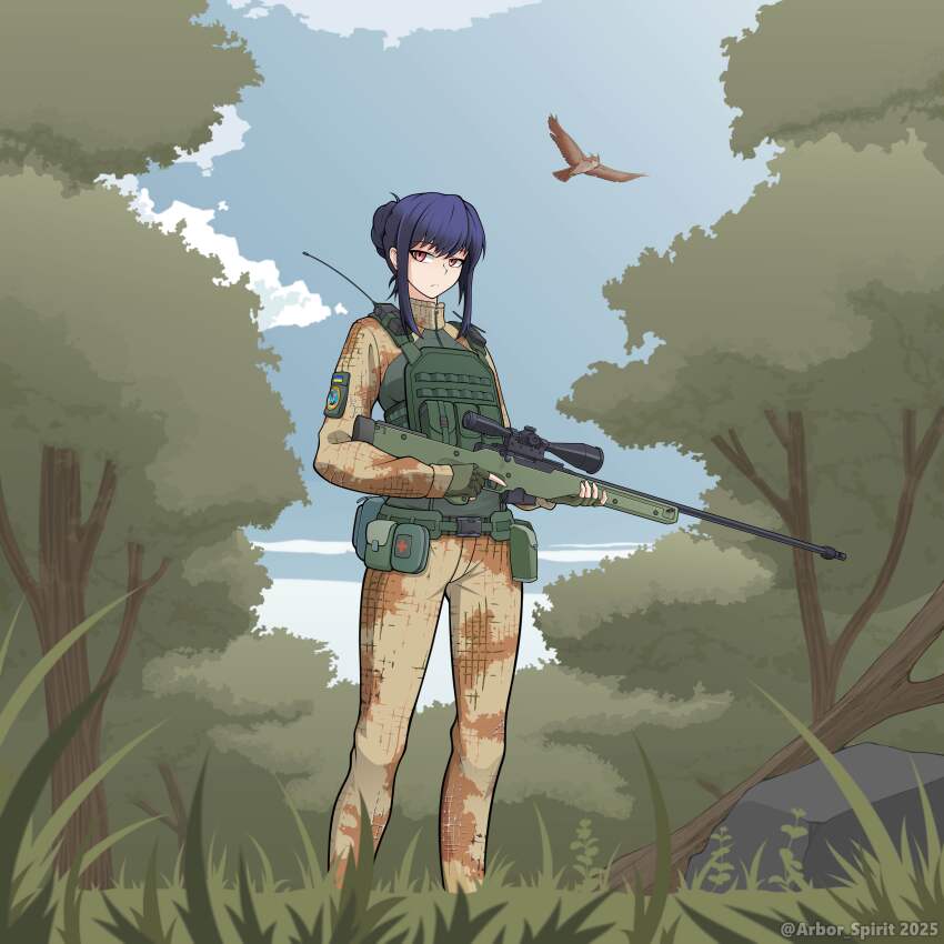 1girl absurdres accuracy_international ai_arctic_warfare ammunition_pouch animal arbor_spirit belt_pouch bird bolt_action breasts bulletproof_vest camouflage camouflage_jacket camouflage_pants commentary day directorate_of_intelligence_(ukraine) eva_(kavunyak) expressionless flying forest gloves grass gun hair_bun highres holding holding_gun holding_weapon jacket long_sleeves looking_at_viewer medium_breasts military military_combat_uniform military_uniform nature original outdoors owl pants pet pouch rifle rock russo-ukrainian_war scope short_hair sky sniper_rifle soldier ukraine ukrainian_flag walkie-talkie weapon