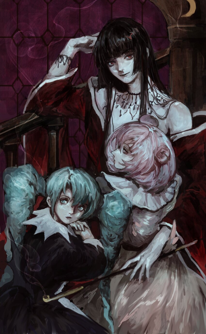 3girls absurdres black_dress black_hair blue_hair collar dress frilled_collar frills highres hime_cut holding holding_smoking_pipe ichihara_yuuko maru_(xxxholic) moro_(xxxholic) multiple_girls nahzar777 pink_hair railing smoking_pipe tile_wall tiles twintails window xxxholic