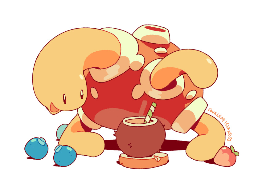 :d absurdres artist_name berry_(pokemon) coaster coconut_cup commentary drinking_straw english_commentary fourleafisland full_body gen_2_pokemon highres nintendo no_humans open_mouth oran_berry pecha_berry pokemon pokemon_(creature) shuckle smile white_background