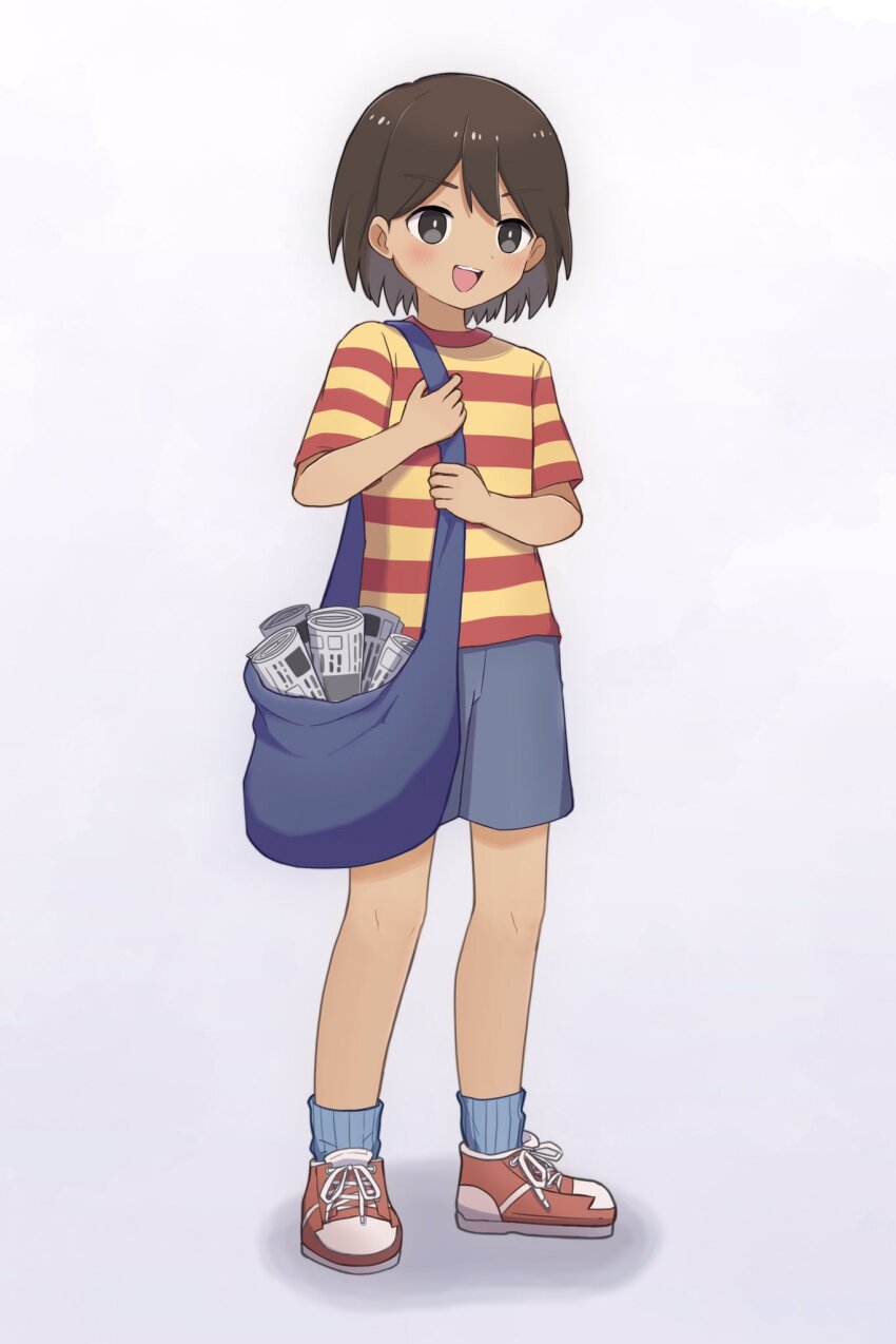 1boy alternate_costume blue_shorts blue_socks brown_eyes brown_hair dark-skinned_male dark_skin full_body hatoba_(hatoba_yado) highres kel_(faraway)_(omori) kel_(omori) looking_at_viewer male_focus newspaper omori red_shoes rolled_up_newspaper shirt shoes short_hair short_sleeves shorts sneakers socks solo striped_clothes striped_shirt teeth upper_teeth_only