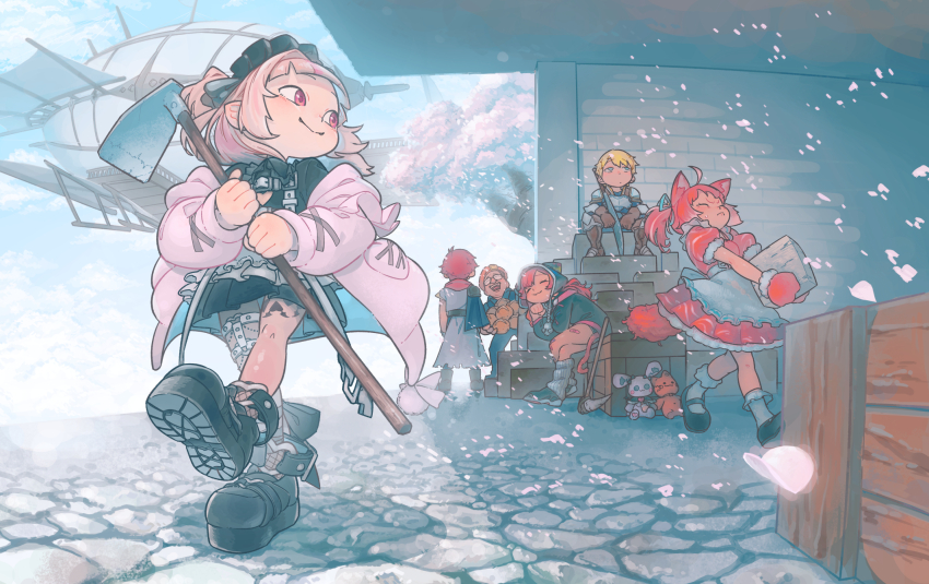 3boys 3girls ahoge aircraft airship akami_karubi animal_ears apron armor black_dress black_headdress black_jacket black_shoes black_socks blonde_hair blue_eyes blue_ribbon blue_sky blush bobby_socks boots brown_boots brown_gloves carrying cat_ears cat_girl cat_tail closed_eyes closed_mouth cloud cobblestone commentary_request crate crazy_raccoon day debitto_(makaino_ririmu) deformed dress ex_albio ex_albio_(1st_costume) falling_petals fangs fangs_out fishnet_socks fishnets frilled_apron frills gloves hair_ribbon heart heart_o-ring highres hiiragi_tsurugi hoe holding_hoe hood hood_up hottakarashi jacket kokujin leg_tattoo long_sleeves looking_back loose_socks maid_headdress makaino_ririmu makaino_ririmu_(5th_costume) multiple_boys multiple_girls nekota_tsuna nekota_tsuna_(1st_costume) neo-porte nijisanji o-ring o-ring_thigh_strap off_shoulder open_clothes open_jacket pauldrons petals pink_eyes pink_hair pink_jacket pink_petals platform_shoes pleated_dress pointy_ears puffy_short_sleeves puffy_sleeves red_dress red_gloves red_tail reject_(esports) ribbon shoe_soles shoes short_dress short_hair short_sleeves shoulder_armor sitting sky smile socks stuffed_toy sword tail tail_under_clothes tattoo thigh_strap tree turning_head twintails very_short_hair virtual_youtuber vspo! waist_apron walking weapon white_apron white_socks