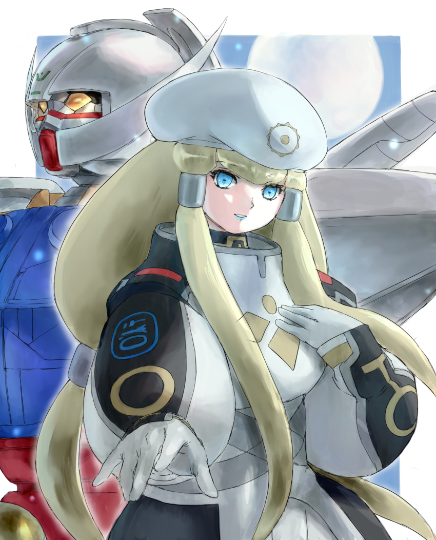 1girl big_hair blonde_hair blue_eyes border commentary_request dianna_soreil gloves gundam hand_on_own_chest hat highres kihel_heim long_hair looking_at_viewer mecha nao32 reaching reaching_towards_viewer robot turn_a_gundam turn_a_gundam_(mobile_suit) white_border white_gloves white_hat yellow_eyes