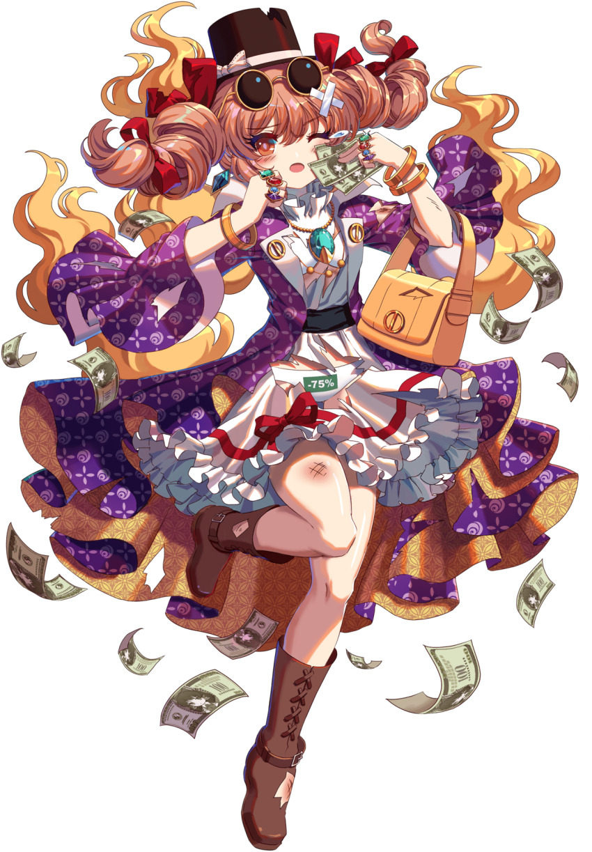 1girl amulet aqua_gemstone bag bangle banknote black_hat blue_gemstone boots bow bra bracelet brown_eyes brown_footwear brown_hair coat crossed_bandaids dress drill_hair eyewear_on_head falling_money frilled_dress frills game_cg gem gold_bracelet green_gemstone hair_ribbon hakurei_reimu hat hat_bow highres holding holding_bag holding_money injury jewelry kumio money non-web_source ornate_ring panties pendant purple_coat purple_gemstone red_gemstone red_ribbon ribbon ring round_eyewear steam_(platform) sunglasses tachi-e teardrop top_hat torn_bag torn_boots torn_clothes torn_coat torn_dress torn_footwear torn_hat touhou touhou_blooming_chaos twin_drills underwear white_bow white_bra white_dress white_panties yorigami_jo&#039;on