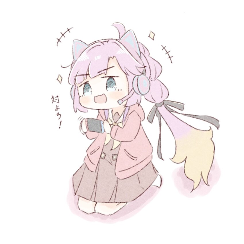 +++ 1girl :d ahoge amano_tatsu animal_ear_headphones animal_ears anyoji_hime black_ribbon blonde_hair blue_eyes blunt_bangs blush brown_dress cat_ear_headphones commentary_request cosplay costume_switch deformed dress fake_animal_ears gradient_hair hair_intakes hair_ribbon handheld_game_console hasu_no_sora_school_uniform headphones headset highres holding holding_handheld_game_console hood hooded_jacket jacket link!_like!_love_live! long_hair long_sleeves looking_at_viewer love_live! medium_dress multi-tied_hair multicolored_hair neckerchief no_shoes open_clothes open_jacket open_mouth pink_hair pink_jacket pleated_dress ponytail ribbon sailor_collar sailor_dress school_uniform seiza sidelocks simple_background sitting slang smile socks solo sparkle swept_bangs v-shaped_eyebrows very_long_hair virtual_youtuber white_background white_sailor_collar white_socks winter_uniform yellow_neckerchief