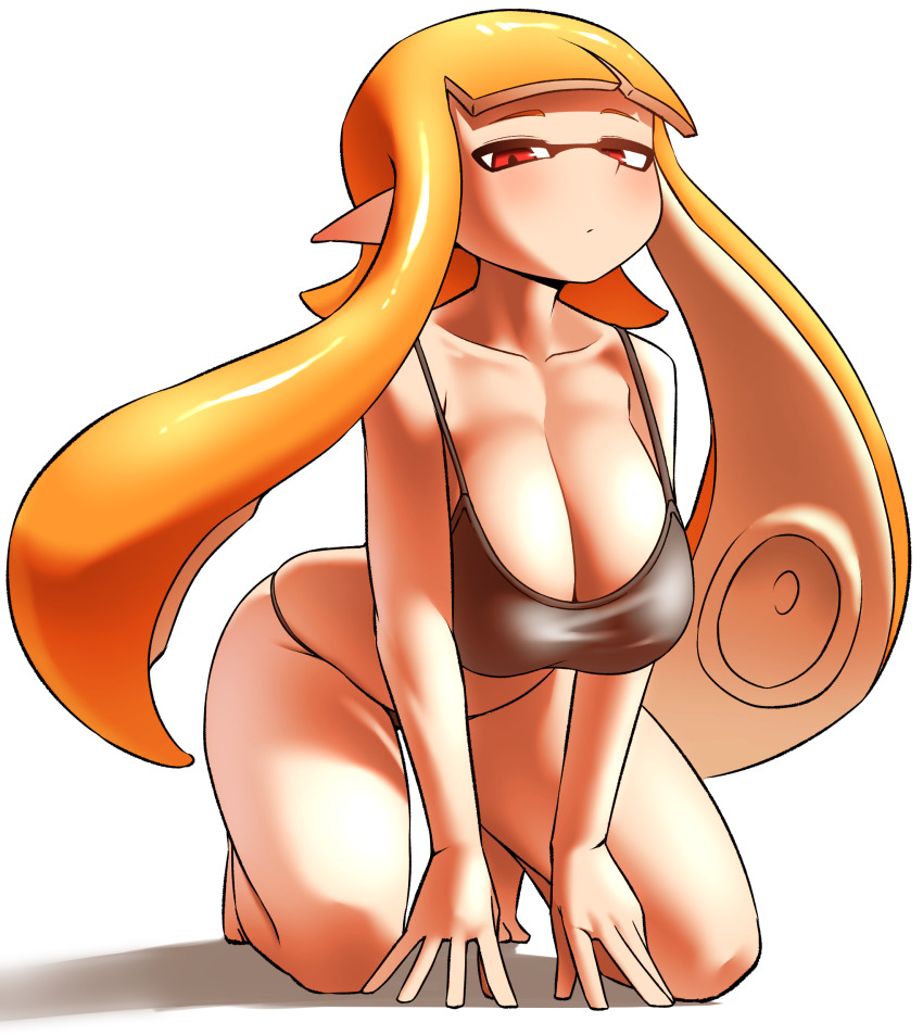 1girl arched_back barefoot black_bra black_panties blush bra breasts cleavage collarbone feet female_focus full_body half-closed_eyes highres inkling inkling_girl inkling_player_character large_breasts leaning_forward long_hair looking_at_viewer nintendo orange_hair panties pero_(pero7762) pointy_ears red_eyes shadow simple_background solo splatoon_(series) suction_cups tentacle_hair underwear white_background