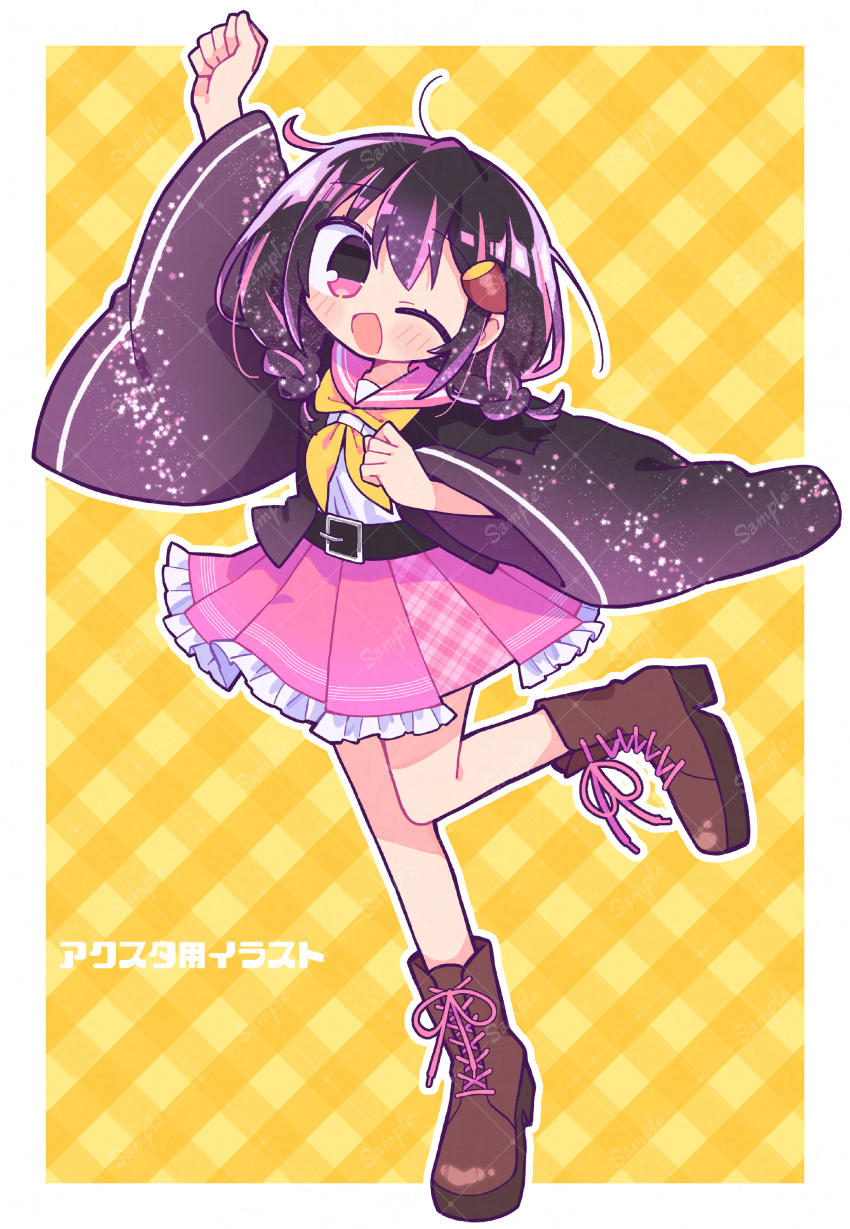 1girl ;d absurdres arm_up black_hair blush boots border braid brown_boots commentary_request food food-themed_hair_ornament frilled_skirt frills full_body hair_ornament highres iriam jacket lace-up_boots leg_up long_sleeves looking_at_viewer medium_hair multicolored_hair neckerchief one_eye_closed open_clothes open_jacket open_mouth otokana_sora outline outside_border outstretched_arm pink_eyes pink_hair pink_sailor_collar pink_skirt plaid_background plaid_clothes plaid_skirt pleated_skirt purple_jacket richard_(richaball) roasted_sweet_potato sailor_collar school_uniform serafuku shirt skirt smile solo standing standing_on_one_leg streaked_hair sweet_potato translation_request twin_braids two-tone_hair virtual_youtuber white_border white_outline white_shirt wide_sleeves yellow_background yellow_neckerchief