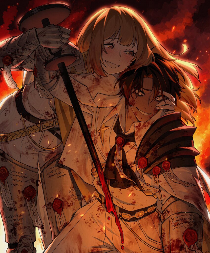 14_shizu 1boy 1girl armor belt black_hair blonde_hair blood blood_on_clothes blood_on_face blood_splatter bloody_weapon cape catherine_(project_moon) gauntlets hand_on_another&#039;s_head heathcliff_(project_moon) highres holding holding_weapon jacket limbus_company long_hair n_corp._fanatic_(identity)_(project_moon) pants pauldrons project_moon purity_seal short_hair shoulder_armor smile very_long_hair weapon white_jacket white_pants