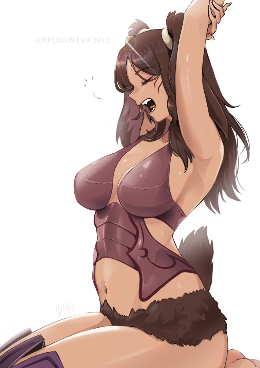 1girl animal_ears armor barefoot breasts brown_fur closed_eyes commission dark-skinned_female dark_skin facial_mark feet_out_of_frame fire_emblem fire_emblem_awakening highres large_breasts navel nintendo open_mouth panne_(fire_emblem) purple_armor rabbit_ears rabbit_girl rabbit_tail stretching taguel tail twintails vialnite