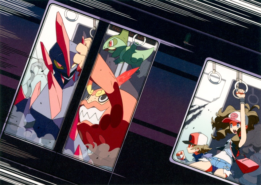 10s 1boy 1girl 3others absurdres axew bag baseball_cap battle blue_eyes breasts brown_eyes brown_hair darmanitan darmanitan_(standard) denim denim_shorts fighting gen_5_pokemon gigalith hat high_ponytail highres hilbert_(pokemon) hilda_(pokemon) holding holding_poke_ball jumping long_hair motion_lines multiple_others nintendo official_art oomura_yuusuke open_mouth poke_ball pokemon pokemon_(creature) pokemon_bw ponytail satchel short_hair short_shorts shorts subway train train_interior
