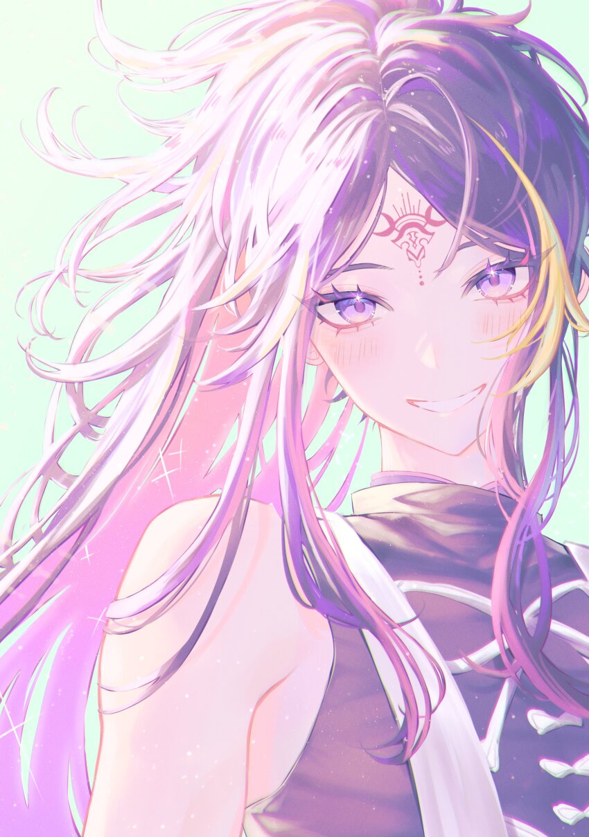 1boy absurdres backlighting bare_shoulders black_hair black_shirt blonde_hair blush commentary english_commentary eyelashes facial_mark forehead_mark grin high_ponytail highres long_hair looking_at_viewer male_focus mochigome_(yum) multicolored_hair nijisanji nijisanji_en parted_bangs pink_hair ponytail purple_eyes purple_hair shirt shu_yamino shu_yamino_(2nd_costume) sidelocks simple_background sleeveless sleeveless_shirt smile solo sparkle streaked_hair teeth upper_body virtual_youtuber
