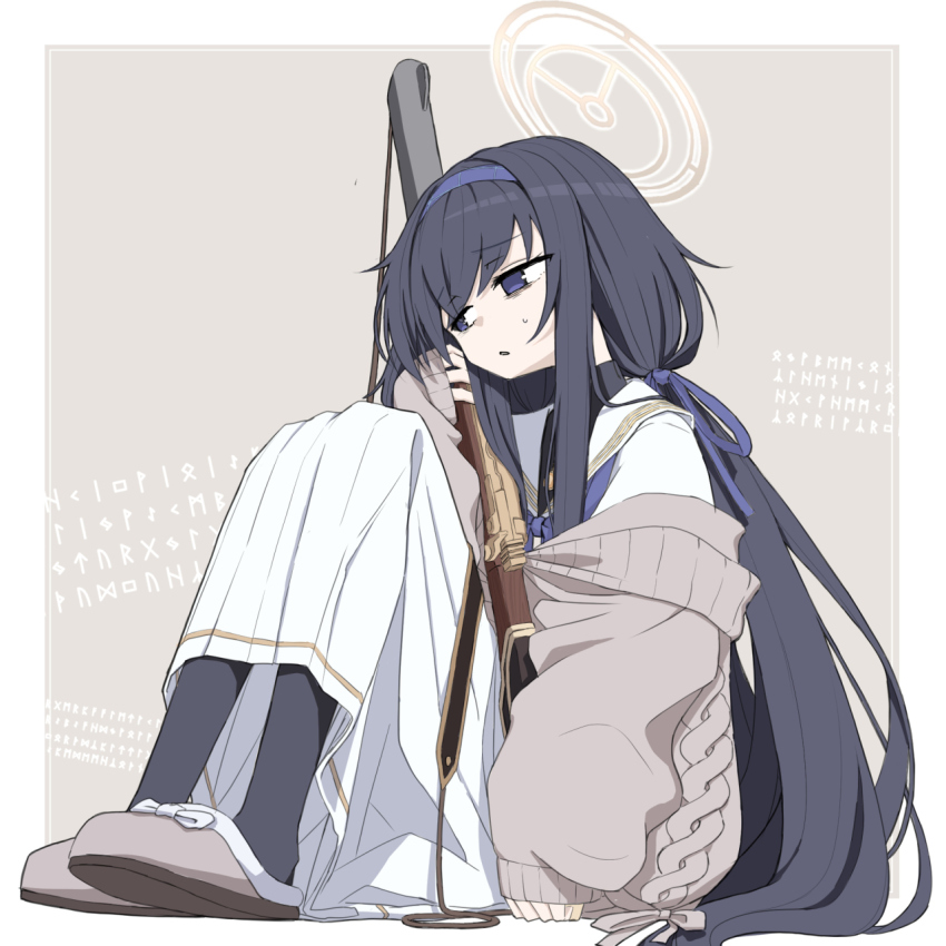 1girl bags_under_eyes black_hair black_pantyhose blue_archive blue_eyes blue_hairband blue_neckerchief blue_ribbon bolt-action_rifle brown_jacket brown_slippers carbine commentary_request de_lisle_carbine full_body grey_background gun hair_ribbon hairband halo highres holding holding_gun holding_weapon integral_suppressor integrally-suppressed_firearm jacket knees_up long_hair long_skirt long_sleeves looking_to_the_side neckerchief pantyhose pistol-caliber_carbine pleated_skirt puffy_long_sleeves puffy_sleeves ribbon rifle runes sailor_collar shirt sitting skirt sleeves_past_wrists slippers solo suppressor translation_request two-tone_background ui_(blue_archive) usui_harusame very_long_hair weapon white_background white_sailor_collar white_shirt white_skirt